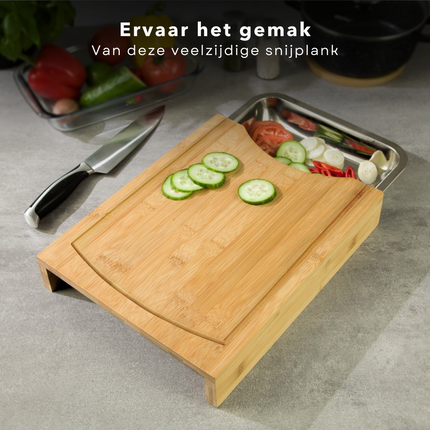 Cheqo® Bamboe Snijplank met Opvangbak - RVS Opvangschaal - Groente Snijden - 33x24x4cm Snijplank