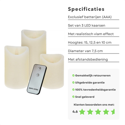Cheqo® Set van 3 LED Kaarsen met Afstandsbediening - Realistische Led Kaarsen - Lichtgevende Kaarsen -Realistisch Vlameffect - Wax - 15, 12.5 & 10 cm Hoogte - 7.5 cm Diameter - Incl. Knoopcelbatterij Led-kaarsen