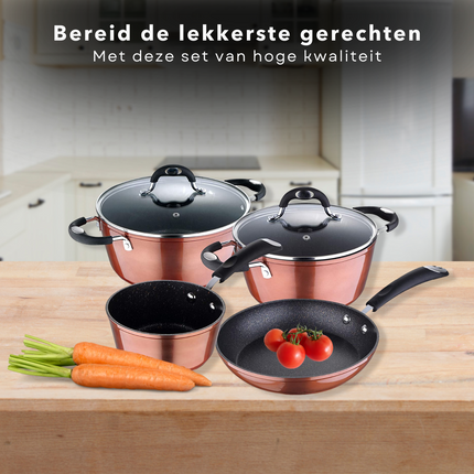 Cheqo® Luxe Pannenset 6-delig - Gesmeed Aluminium - Alle Warmtebronnen - Ook Inductie - 3-laags Marmer Coating - Koper Metallisch Coating - PFOA-Vrij - Met Koekenpan en Steelpannen - Kookpan Pannenset