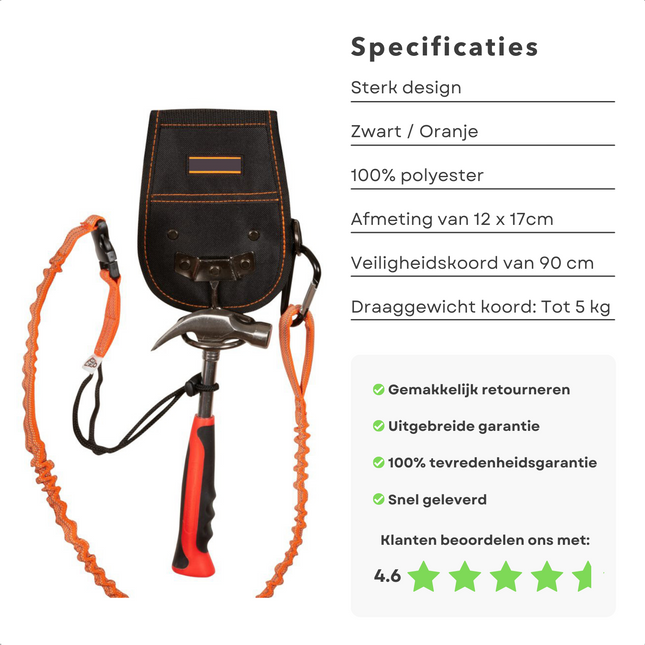 Cheqo® Hamerhouder met Elastische Veiligheidslijn - Gereedschapsgordel - 90cm Koord - Bevestiging aan Riem Gereedschapsgordels
