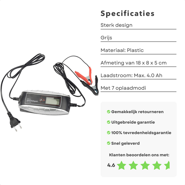 Cheqo® Acculader 6V/12V met LCD Scherm - Druppellader - 7 Oplaadmodes - 4.0Ah Max Laadstroom - 6V & 12V Laadspanning Acculader
