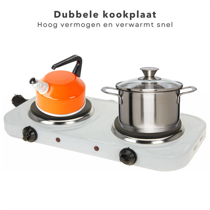 Cheqo® Dubbele Kookplaat - 2x1000W - Elektrische Kookplaat - Warmhoudplaat - 5 Verwarmingsstanden - Controlelampje - Thermische Beveiliging - 140cm Snoer - 230V Kookplaat