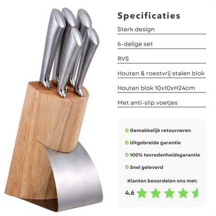 Cheqo® 5-delige Luxe Messenset - Houten Messenblok met RVS Bodem & Voorzijde - Chefmes 20cm, Snijmes 20cm, Broodmes 20cm, Universeelmes 12,5cm, Schilmes 9cm - Anti-slip - Messenset met Houten Blok Messenblokken met messen