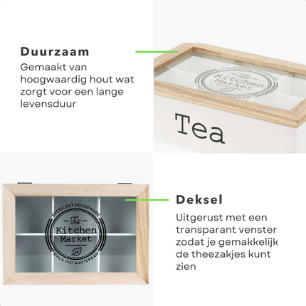 Cheqo® Houten Theekist met 6 Vakken - Theedoos - Wit - 24x16,5x7cm - Beukenhout - Stevige MDF Bodem - Geschikt voor Theezakjes Theekist