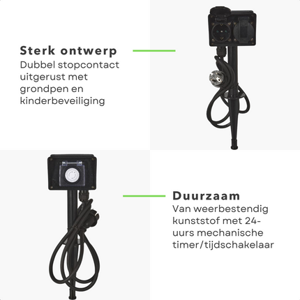 Cheqo® Randaarde Tuinstekkerdoos - Tuin Stekkerdoos met Grondspies - Tuincontactdoos 2-Voudig met Timer - 24-uurs Timer - Dubbel Stopcontact - Weerbestendig - Randaarde - Kinderbeveiliging - IP44 - 3680 Watt - 250V - 2 Stopcontacten Stekkerdoos