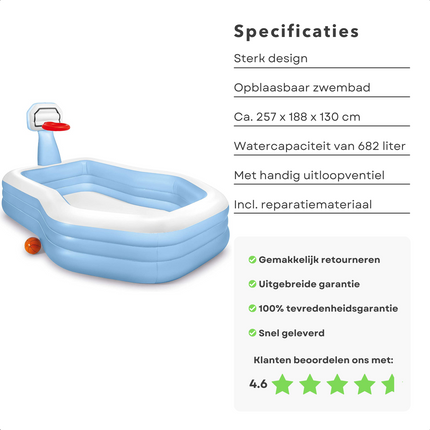 Cheqo® Opblaasbaar Zwembad - Opblaasbad - Zwembad - Opzetbad - Kinderbad - 257x188x130cm - 682L - Basketbalring & Bal - Reparatiemateriaal Opblaas Zwembad