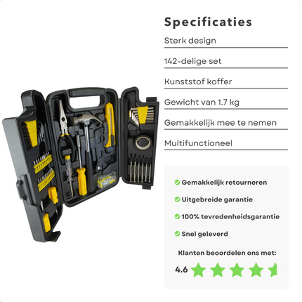 Cheqo® XL Gereedschapskoffer - Toolbox - Gereedschapskist - Handgereedschap - Met Klauwhamer, Tang, Schroevendraaiers en meer! - 142-delig Gereedschapsset