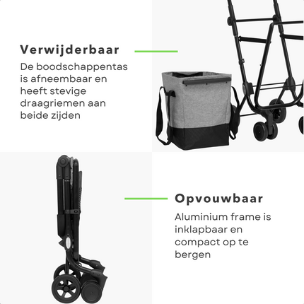 Cheqo® Boodschappentrolley 40L - Boodschappenwagen - Afneembare Boodschappentas - Verstelbaar - Stevig Frame - Met Achtervak, Reflectoren en Regenhoes - 36x47x102cm - Grijs Boodschappentrolleys