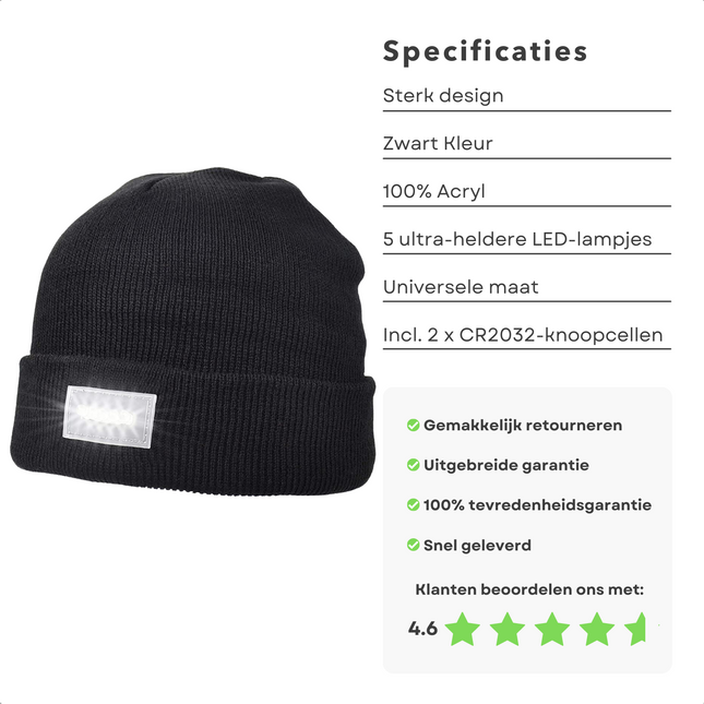 Cheqo® Werkmuts met LED-verlichting - Muts met Hoofdlamp - 100% Acryl - Zwart - 5 LED-lampjes - Slimme Schakelaar - One Size Hoofdlampen