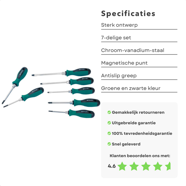 Cheqo® Schroevendraaierset 7 delig - Chroom vanadium staal - Magnetisch - Anti-Slip - Schroevendraaier - Torx - Kruiskop - Opbergdoos - Handgereedschap - Klusgereedschap - Lange Levensduur Schroevendraaiers