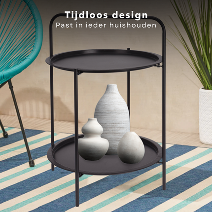 Cheqo® Bijzettafel 50 cm - Metaal (gepoedercoat) - Mat donker grijs - 66 cm Hoogte - 2 Verdiepingen - Tafeltje - Tuintafel - Bijzettafel voor Binnen en Buiten - Nachtkastje Bijzettafel
