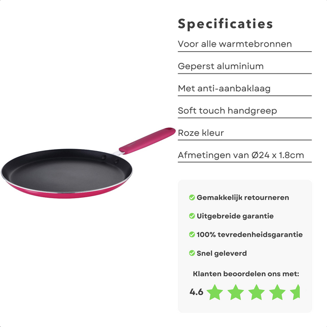 Cheqo® Hippe Pannenkoekpan 24 cm - Geperst Aluminium - Anti-Aanbaklaag - Softtouch Handgreep - Pink - Voor Alle Warmtebronnen - Anti-Aanbaklaag - Lange Levensduur - Omeletpan - Koekenpan Koekenpan
