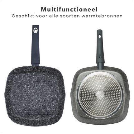 Cheqo® Grillpan Inductie - ø28cm - Alle Warmtebronnen - Steakpan - Gesmeed Aluminium - 4-laags marmer coating - PFOA-vrij - Geen lood/cadmium - Soft Touch handgreep - Vaatwasmachine bestendig Grillpan