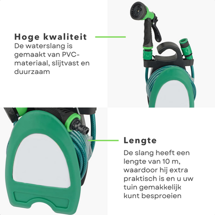 Cheqo® Flexibele Tuinslang Set 10m - PVC - 3/8" Verstelbaar Sproeipistool - 6 standen - 2 snelkoppelingen - Met adapter - Met Wandhouder - Wandhaspel Tuinslang