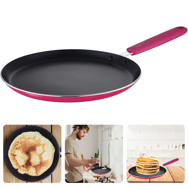 Cheqo® Hippe Pannenkoekpan 24 cm - Geperst Aluminium - Anti-Aanbaklaag - Softtouch Handgreep - Pink - Voor Alle Warmtebronnen - Anti-Aanbaklaag - Lange Levensduur - Omeletpan - Koekenpan Koekenpan