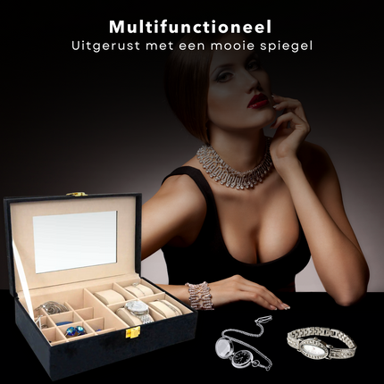 Cheqo® Sieradendoos - Juwelendoos - 25x16x7cm - Sieraden Organiser - Horlogebox - Horloge Doos - Zwart - Velvet - 16 Compartimenten - 12 Oorbellen/Ringen - 4 Armbanden/Horloges - Goudkleurige Sluiting Sieradendoos