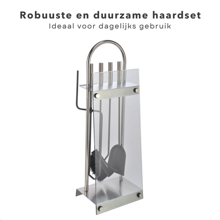 Cheqo® Openhaardset RVS - Haardstel - Haardet - Haard Accessoires - 5-delig met Veiligheidsglas - 22x15.5x64.5cm - Met Borstel, Schep, Pook, Tang - Rvs Grepen Haardstel