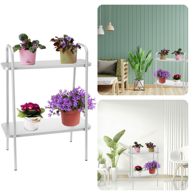 Cheqo® Metalen Bloemenrek - Plantenrek - Plantenhouder - Plantentafel - Licht Grijs - 50x26x66cm - 2 Verdiepingen Plantenrekken