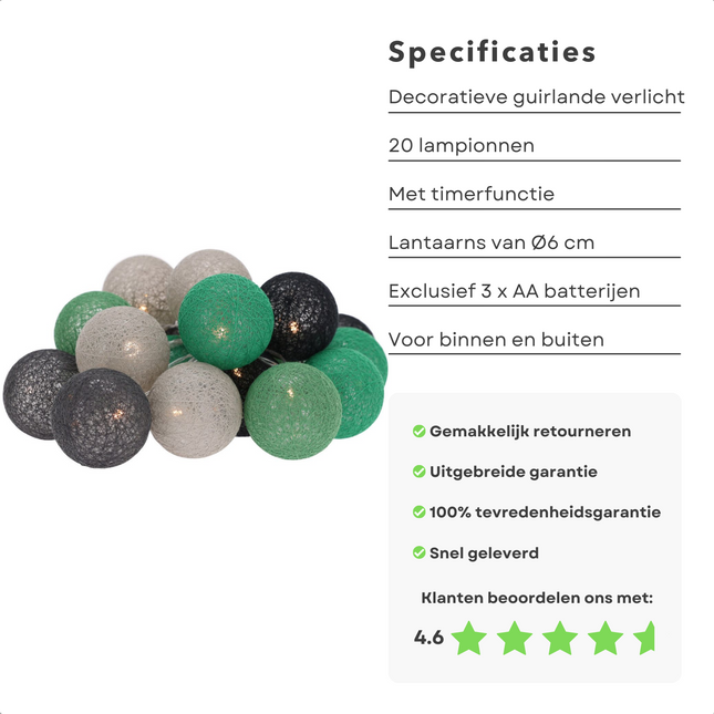 Cheqo® Lichtsnoer Verlicht - Tuinverlichting - Lichtslinger - 20 LED - Lampionnen van Katoen -Met Timer - Op Batterijen - 300cm - ø6cm Diameter - Voor Binnen & Buiten Lichtsnoer