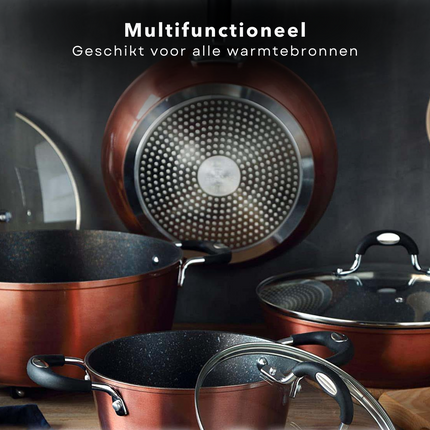 Cheqo® Luxe Pannenset 6-delig - Gesmeed Aluminium - Alle Warmtebronnen - Ook Inductie - 3-laags Marmer Coating - Koper Metallisch Coating - PFOA-Vrij - Met Koekenpan en Steelpannen - Kookpan Pannenset