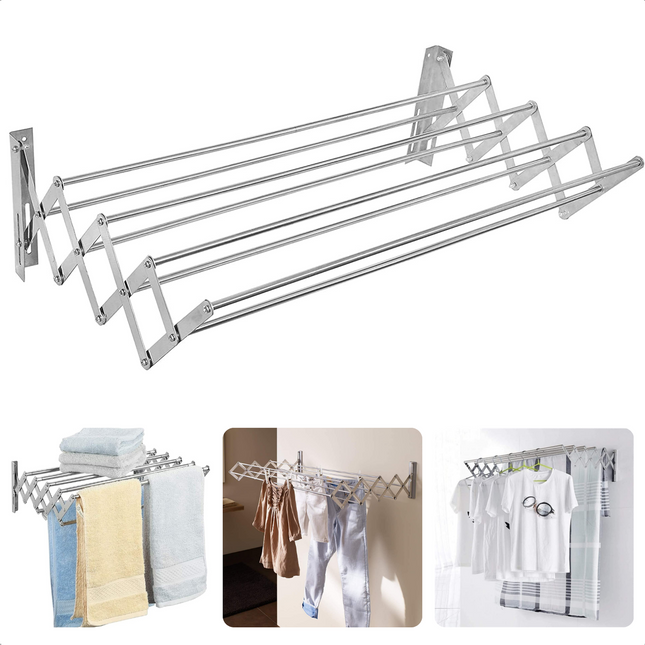 Cheqo® Wanddroogrek -  Uittrekbaar Aluminium Droogrek - Wasrek Inklapbaar - Uittrekbaar - 160x70cm Droogrek