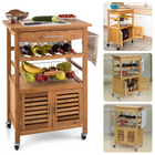 Cheqo® Bamboe Keukentrolley - Serveerwagen - Keukenrek - 4 Zwenkwielen - Flessenrek - 2 Klapdeuren - Handdoekenstang - 60x36cm Keukentrolley