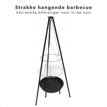 Cheqo® Vuurschaal Hangend met Grilrooster - Driepoot Model - Staal - 52cm Diameter - Grillplaat - 151cm Hoogte - Met Ketting & Grillplaat Vuurschaal