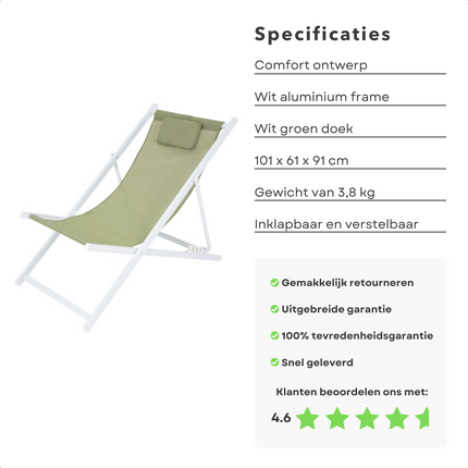Cheqo® Ligstoel - Opvouwbare Tuinstoel - Strandstoel Opvouwbaar - Campingstoel - Wit Aluminium Frame - Groen Doek - Inklapbaar - Verstelbaar - 101x61x91cm - Gewicht 3.8kg Campingstoel