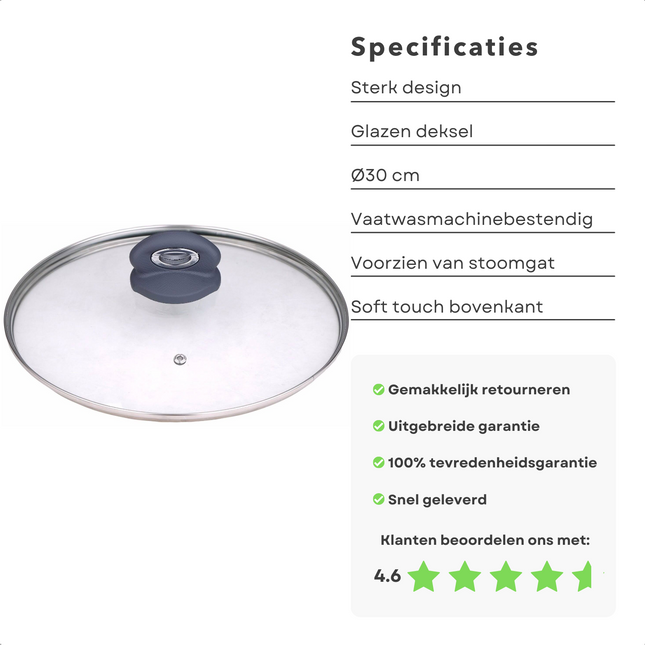 Cheqo® Glazen Deksel 30cm - RVS Rand - Met Stoomgaatje - Vaatwasmachine Bestendig - Pannendeksel voor Pannen Pandeksels