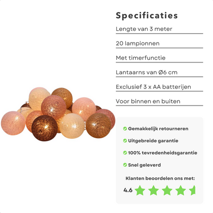 Cheqo® Decoratieslinger Verlicht - 20 LED Lampionnen Katoen - Timer - 6u Aan/18u Uit - Lengte Van 3 Meter - ø6cm Diameter - Voor Binnen En Buiten - Lichtsnoer - Tuinverlichting -  Feestverlichting - 20-delige set - Sfeerverlichting Lichtsnoer