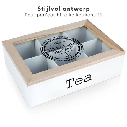 Cheqo® Houten Theekist met 6 Vakken - Theedoos - Wit - 24x16,5x7cm - Beukenhout - Stevige MDF Bodem - Geschikt voor Theezakjes Theekist