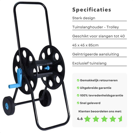Cheqo® Slangenwagen - Tuinslanghaspel - Tuinslanghouder Trolley - Tuinslangenwagen Voor 40m Tuinslang - Geïntegreerde Aansluiting 19mm - 45x45x85cm - Blauw/Zwart Slangenwagen