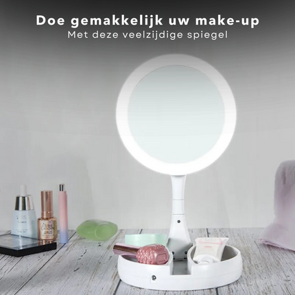 Cheqo® Dubbelzijdige Opvouwbare Spiegel - Make Up Spiegel met Verlichting - 10x Vergrotend - Met Opbergvak voor Sieraden - Op Batterijen Make-up spiegels