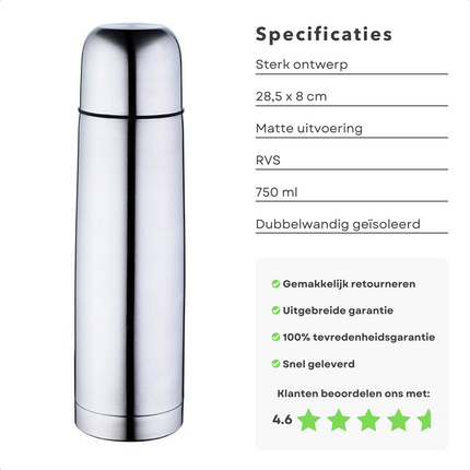 Cheqo® Dubbelwandige RVS Thermosfles met Beker - Isoleerfles - 0.75L - Matte Uitvoering Thermosfles