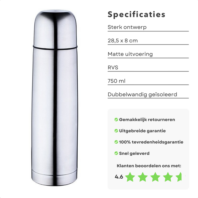 Cheqo® Dubbelwandige RVS Thermosfles met Beker - Isoleerfles - 0.75L - Matte Uitvoering Thermosfles