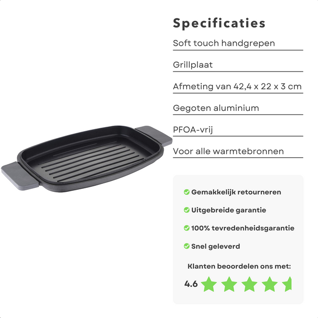 Cheqo®XL Grillpan - 42,4 x 22 x 3 cm - Gegoten Aluminium - Soft-Touch Handvaten - Krasbestendig - PFOA-vrij - Barbecue - BBQ - Ovenbestendig - Voor Alle Warmtebronnen - Veilig - Gemakkelijk Schoon Te Maken - Gelijkmatige Warmteverdeling Grillpan