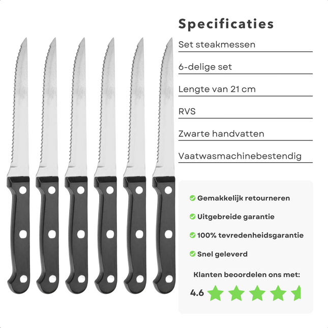 Cheqo® Steakmessenset - Steakmes Set 6 delig - Kartelmessen - Kartel Mes - 21cm - Vaatwasmachinebestendig - Messen Set - 6 Messen - 21 cm Lengte Steakmessen