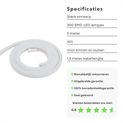 Cheqo® Ledstrip LED Neonlight - 5m - Koel Wit - Decoratie Lichtslang voor Binnen en Buiten Lichtslang