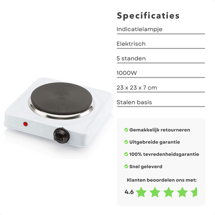 Cheqo® Elektrische Kookplaat - Keramisch - Enkel - 15cm Diameter - 1000W - 5 Standen - Indicatielampje - Stalen Basis - Wit - 23x23x7cm Kookplaat