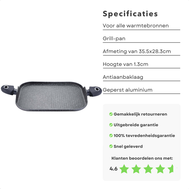 Cheqo® Grill-pan - Geperst Aluminium - 2 Stay-Cool Handvatten - Marmer Coating - Anti-aanbaklaag - Inductie-geschikt - 35.5x28.2x1.3cm - Voor Alle Warmtebronnen - Bakpan Grillpannen