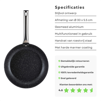 Cheqo® PRO Koekenpan - Bakpan - Ø30cm - Hoogwaardig Aluminium - RVS Handgreep - Marmeren Deklaag - PFOA-Vrij - Lood-Vrij - Alle Warmtebronnen - Ook voor Inductie Koekenpan