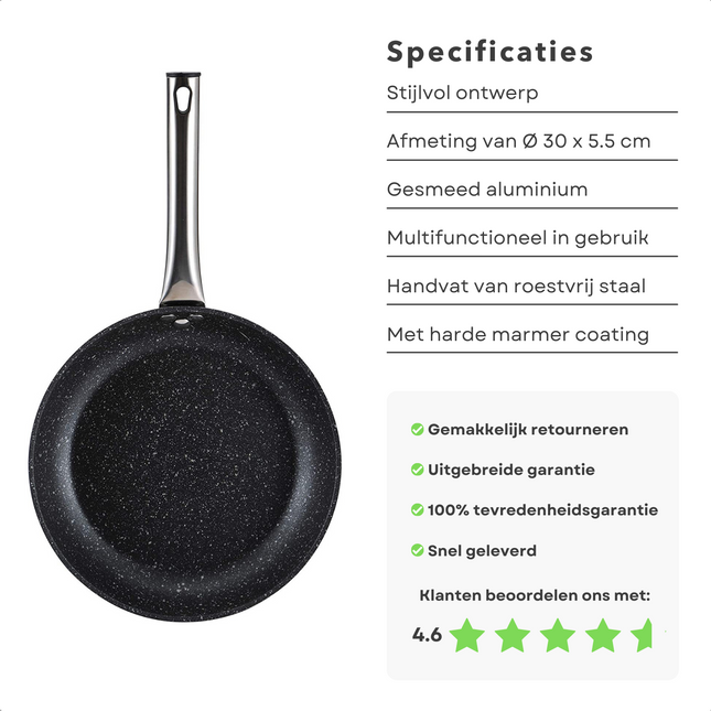Cheqo® PRO Koekenpan - Bakpan - Ø30cm - Hoogwaardig Aluminium - RVS Handgreep - Marmeren Deklaag - PFOA-Vrij - Lood-Vrij - Alle Warmtebronnen - Ook voor Inductie Koekenpan