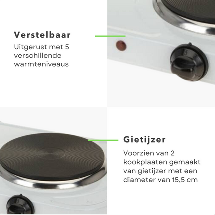 Cheqo® Dubbele Kookplaat - 2x1000W - Elektrische Kookplaat - Warmhoudplaat - 5 Verwarmingsstanden - Controlelampje - Thermische Beveiliging - 140cm Snoer - 230V Kookplaat