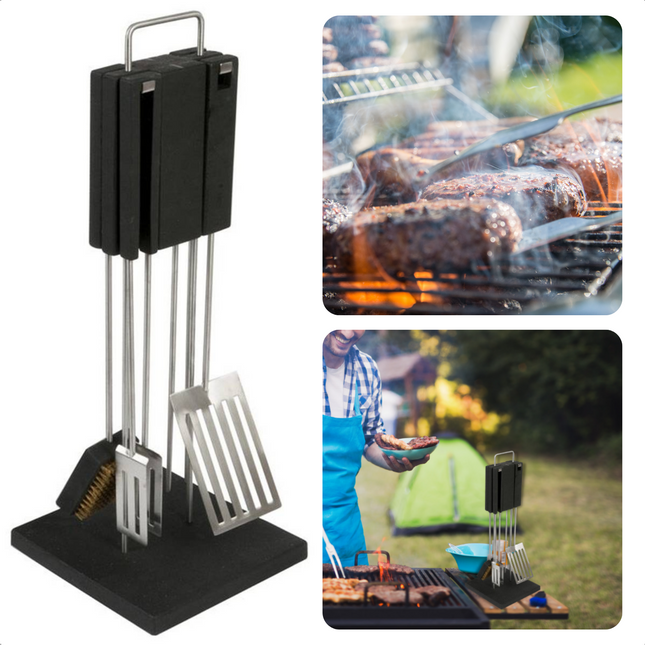 Cheqo® Luxe RVS Barbecue Gereedschap Set met Standaard - BBQ GRill Set - Barbecuegerei - BBQ Accessoires Barbecuegerei-sets