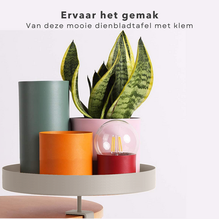 Cheqo® Dienbladtafel met Klem - Bijzettafel - Decoratief Dienblad met Klem - Balkontafel - Metaal - Ø28cm - Geschikt voor Tafels - Taupe (Lichtgrijs) Decoratieve dienbladen