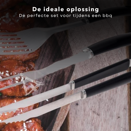 Cheqo® BBQ Gereedschapset - Barbecueset - BBQ Grill Accessoires Set - Tang, Spatel & Vork - BBQ Tang - BBQ Spatel - BBQ Vork - Gemaakt van RVS - 395mm, 425mm & 420mm Barbecuegerei-sets