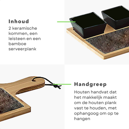 Cheqo® Tapas Plank - 4 delige set - 2 Kommen 9x9x5cm - Leisteen - 10x20cm - 1 Bamboe Serveerplank 20x30cm - Anti Slip Voetjes - Borrelplank - Serveerplank - Tapasplank Serveerplanken