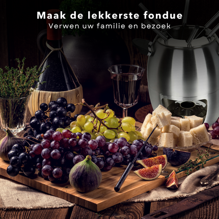 Cheqo® Fondueset - Fonduepan - 6 personen - RVS - ø23.5xh21cm - Spatdeksel - Met Fonduevorken en Fonduebrander - 859g Fondueset