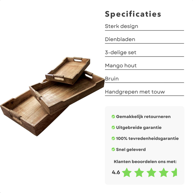 Cheqo® 3-delige Dienbladen Set van Mango Hout - Dienblad Set - 46x30x6.5cm / 38x25.5x6.5cm / 30.5x20.5x5cm - Handgrepen met Touw Omwikkeld Dienblad
