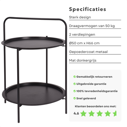 Cheqo® Bijzettafel 50 cm - Metaal (gepoedercoat) - Mat donker grijs - 66 cm Hoogte - 2 Verdiepingen - Tafeltje - Tuintafel - Bijzettafel voor Binnen en Buiten - Nachtkastje Bijzettafel